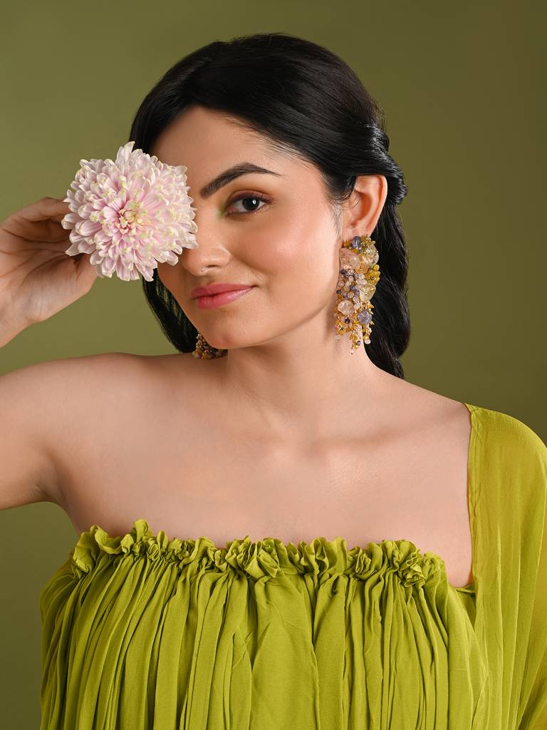 Colourful Precious Stone Gold Plated Long Chain Earrings : LE-969-01MULTI