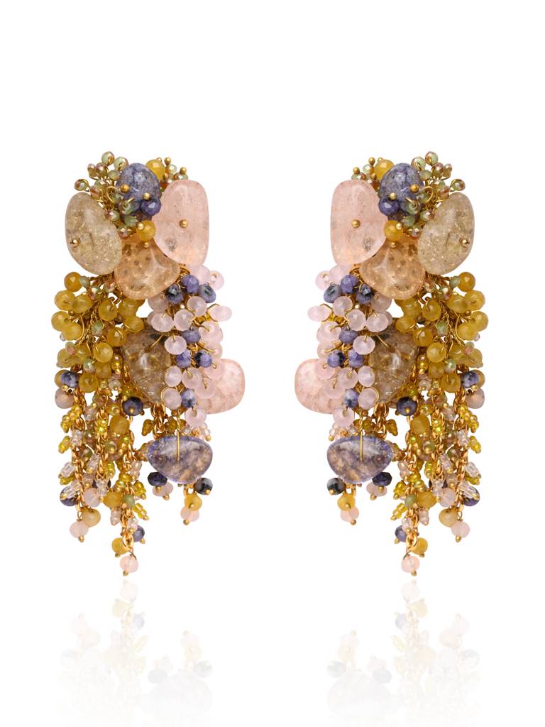 Colourful Precious Stone Gold Plated Long Chain Earrings : LE-969-01MULTI