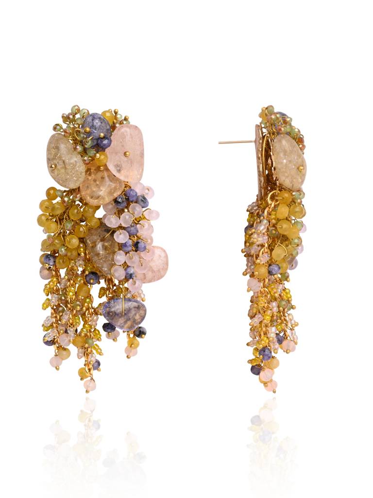 Colourful Precious Stone Gold Plated Long Chain Earrings : LE-969-01MULTI