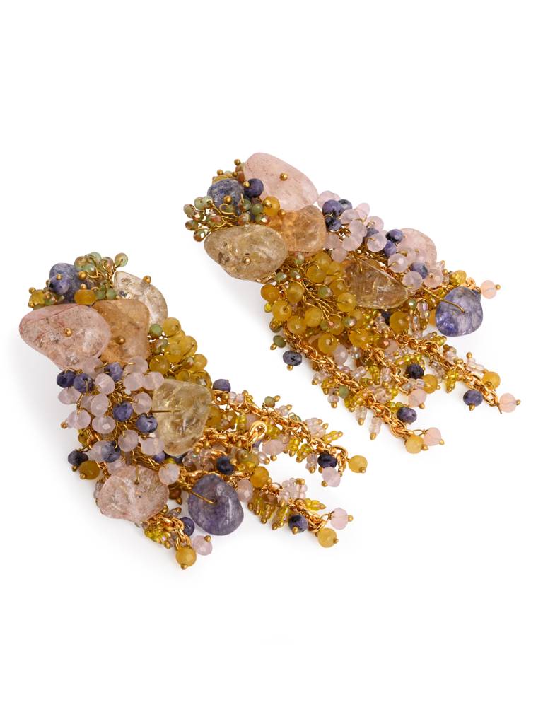 Colourful Precious Stone Gold Plated Long Chain Earrings : LE-969-01MULTI