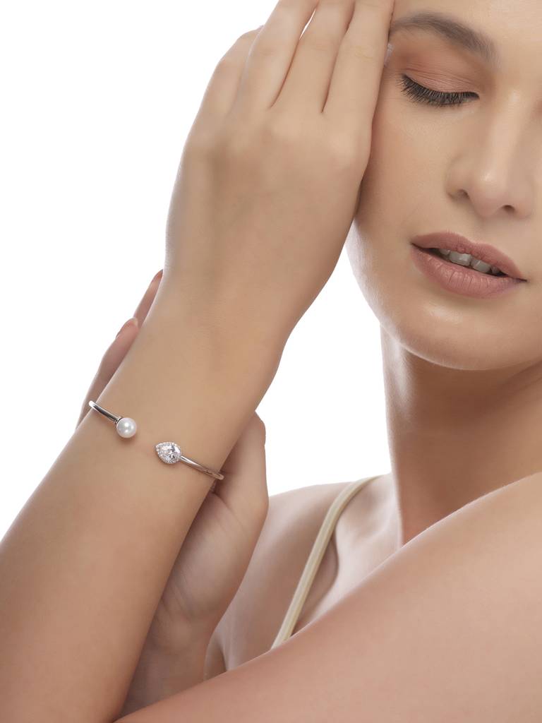 Silver Cz Tear Accent Cuff Kada : AOLK6