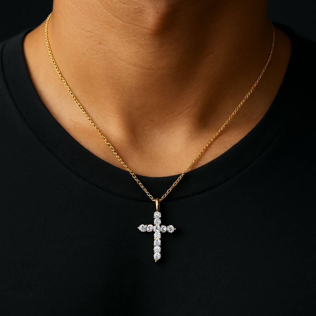 Mens 14K Gold Plated Cross Pendant Necklace With Zircon Stones| Daily Wear Necklace : AXY1124PN0007_M