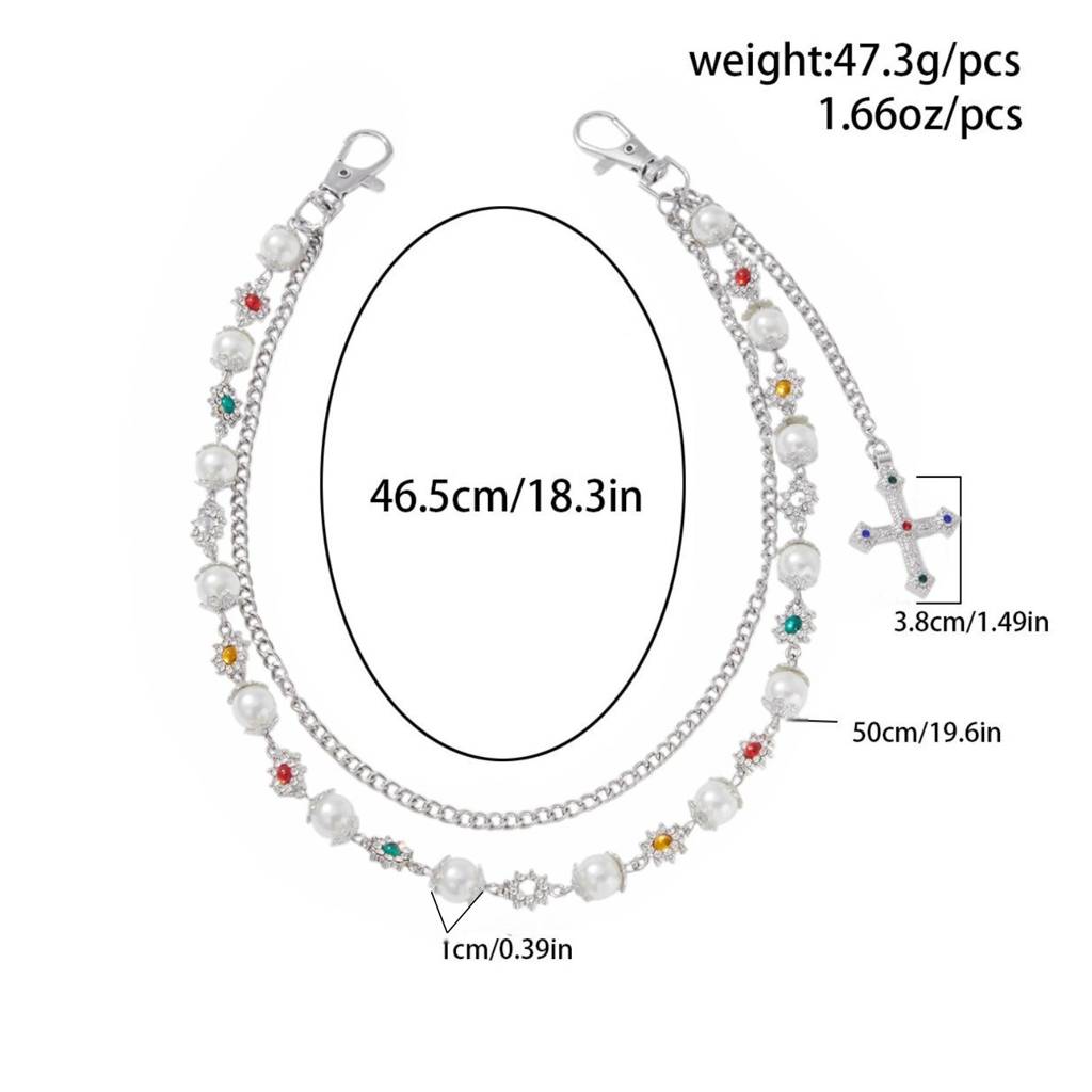 Gold/Silver Plated Anti-Tarnish Two Layer Floral Rhinestone With Pearl Cross Pant Chain : ADN0825WC1755S