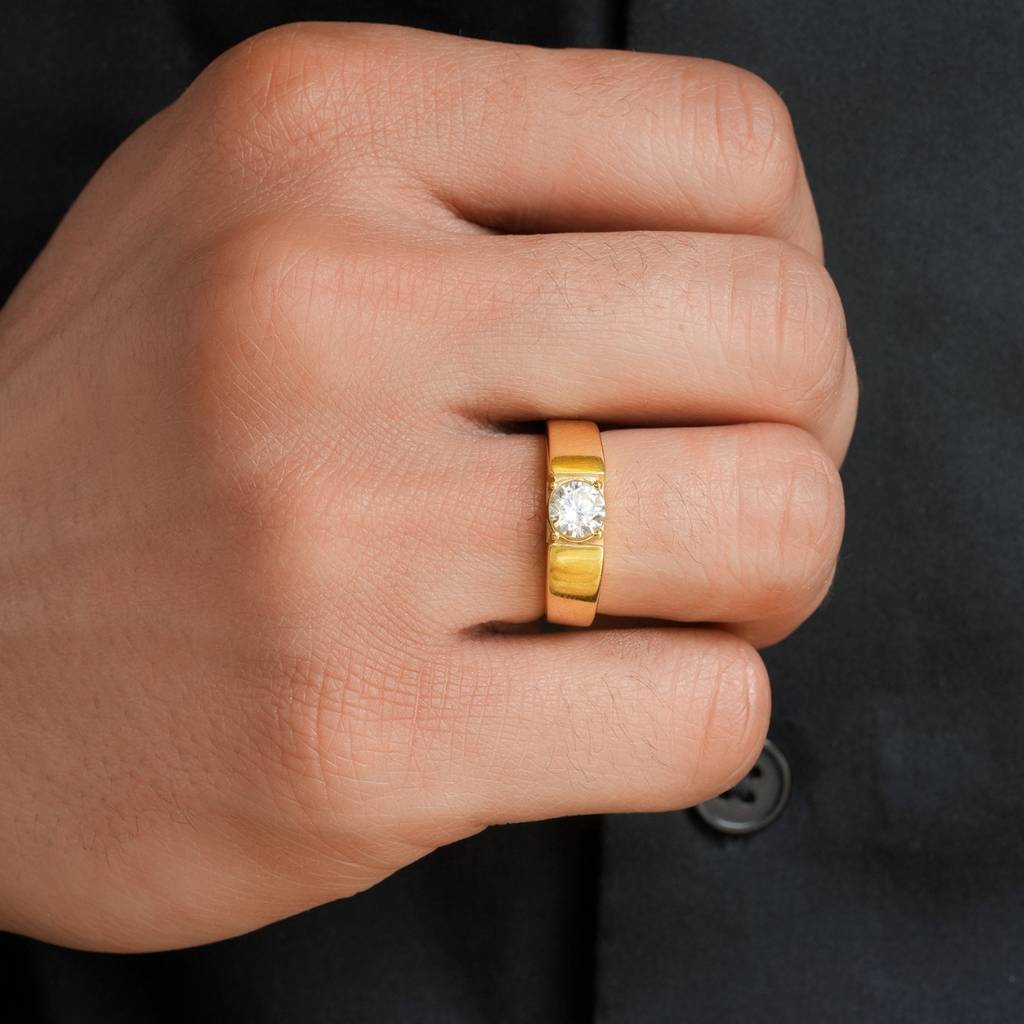 925 Pure Silver Gold Plated Cz Round Male Ring : M-RNG-40398-G