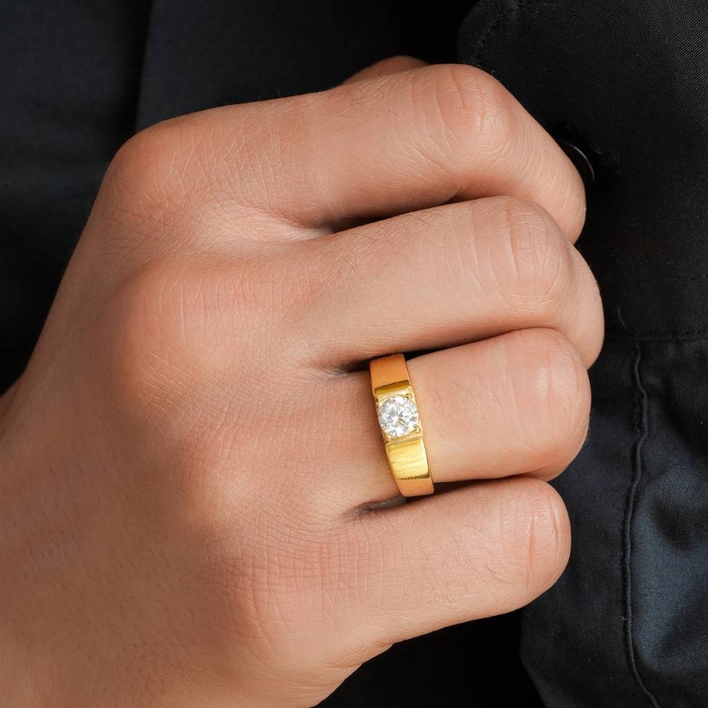 925 Pure Silver Gold Plated Cz Round Male Ring : M-RNG-40398-G