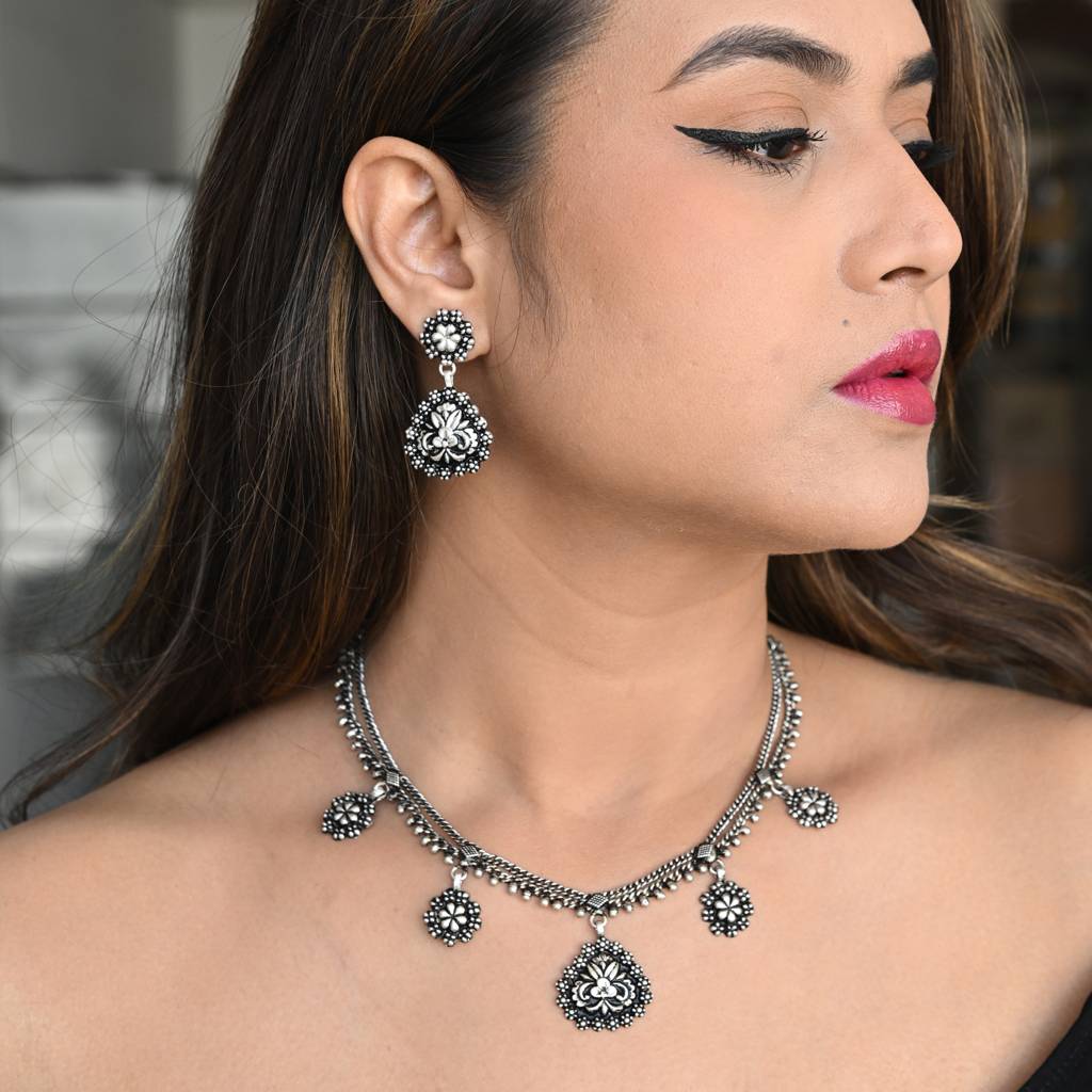 925 Pure Silver Antique Necklace & Earrings Set | Oxidized Silver Necklace Set : NL1015A