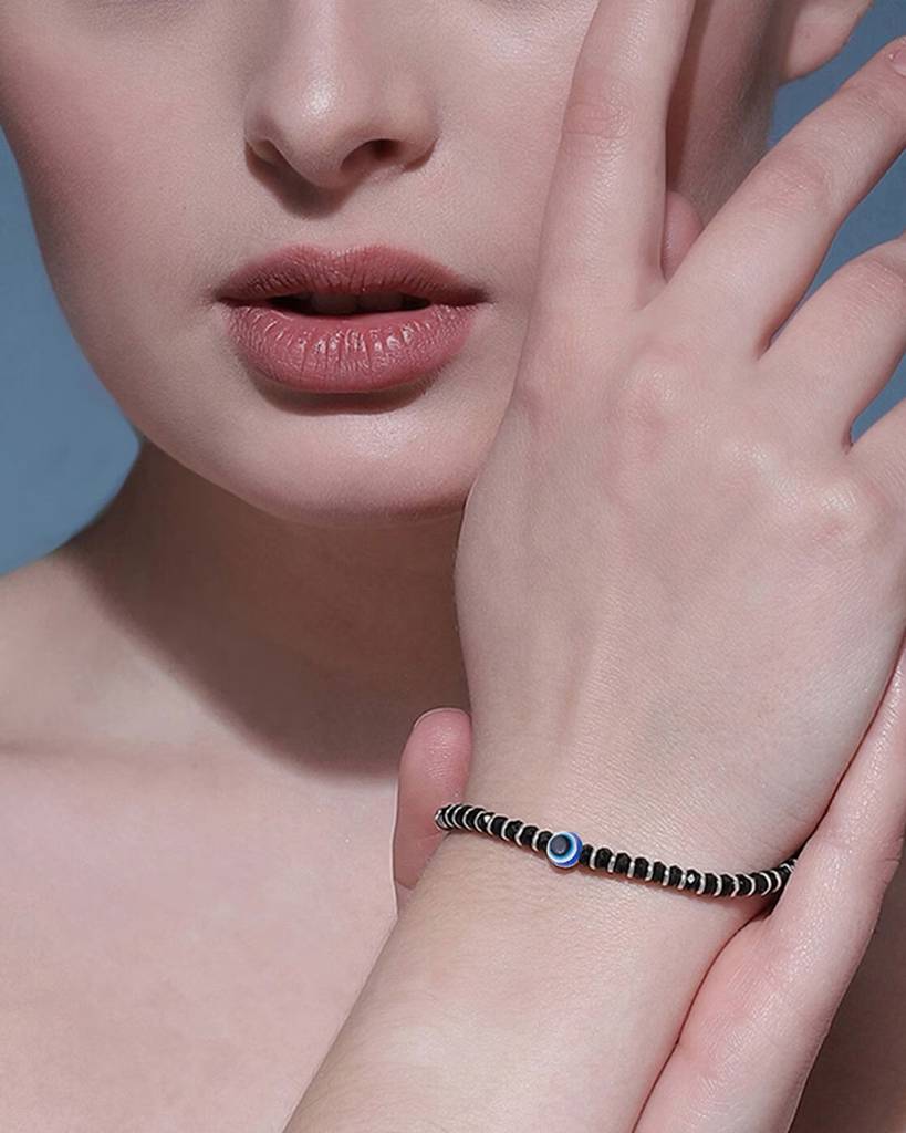 925 Pure Silver Nazariya Bracelets | Silver Evil Eye Beaded Bracelet (Pair Of 2) : BR1053