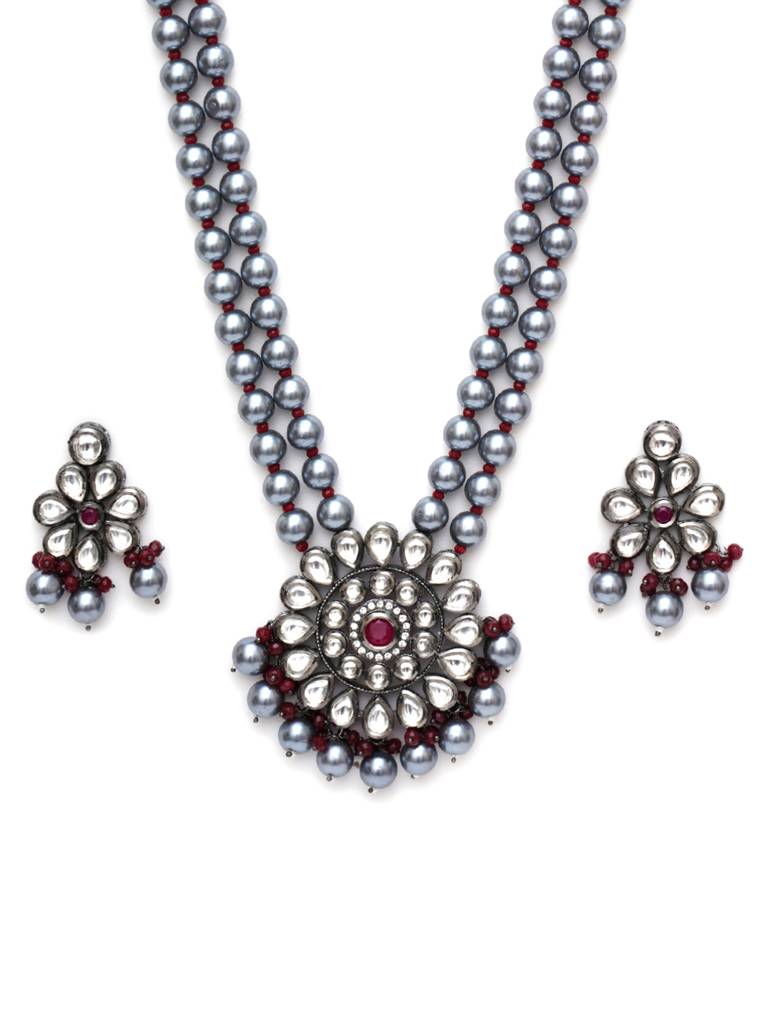 Long Kundan Neckpiece With Earrings With Multi Stones : RRA23-16