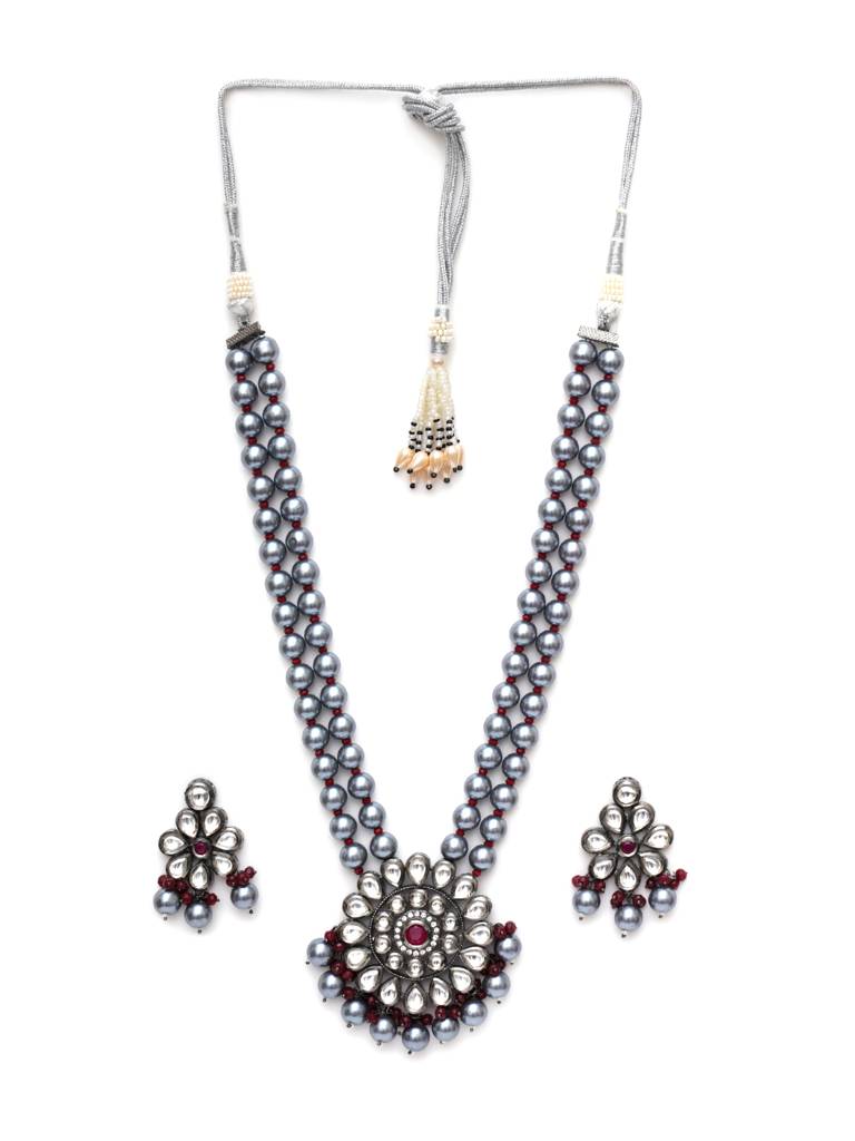 Long Kundan Neckpiece With Earrings With Multi Stones : RRA23-16