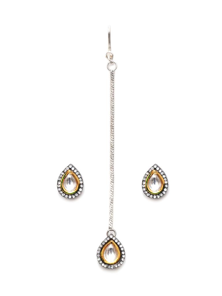 Dual Tone Teardrop Kundan Maang Tikka With Earrings With Crystals : RRA23-4