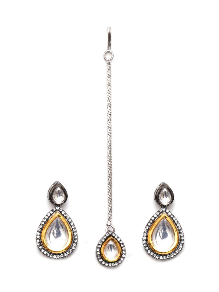 Tear Drop Dual Tone Kundan Maang Tikka With Earrings : RRA23-3