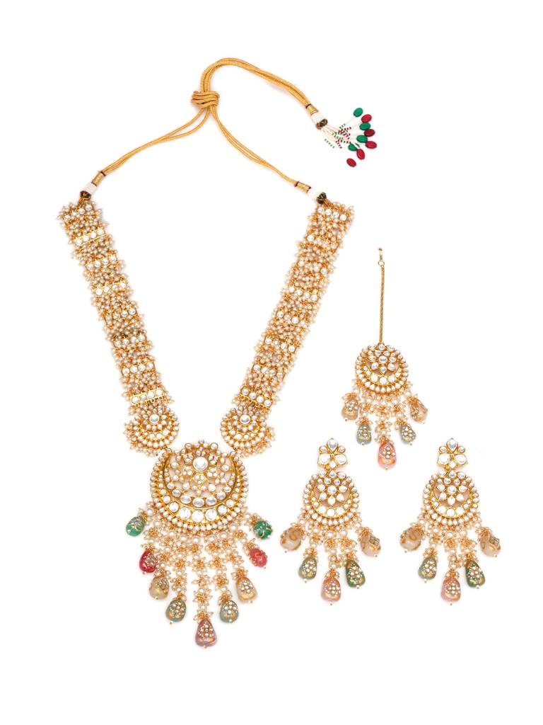 Long Kundan Neckpiece With Earrings & Maang Tikka With Multi Stones : RRA23-6