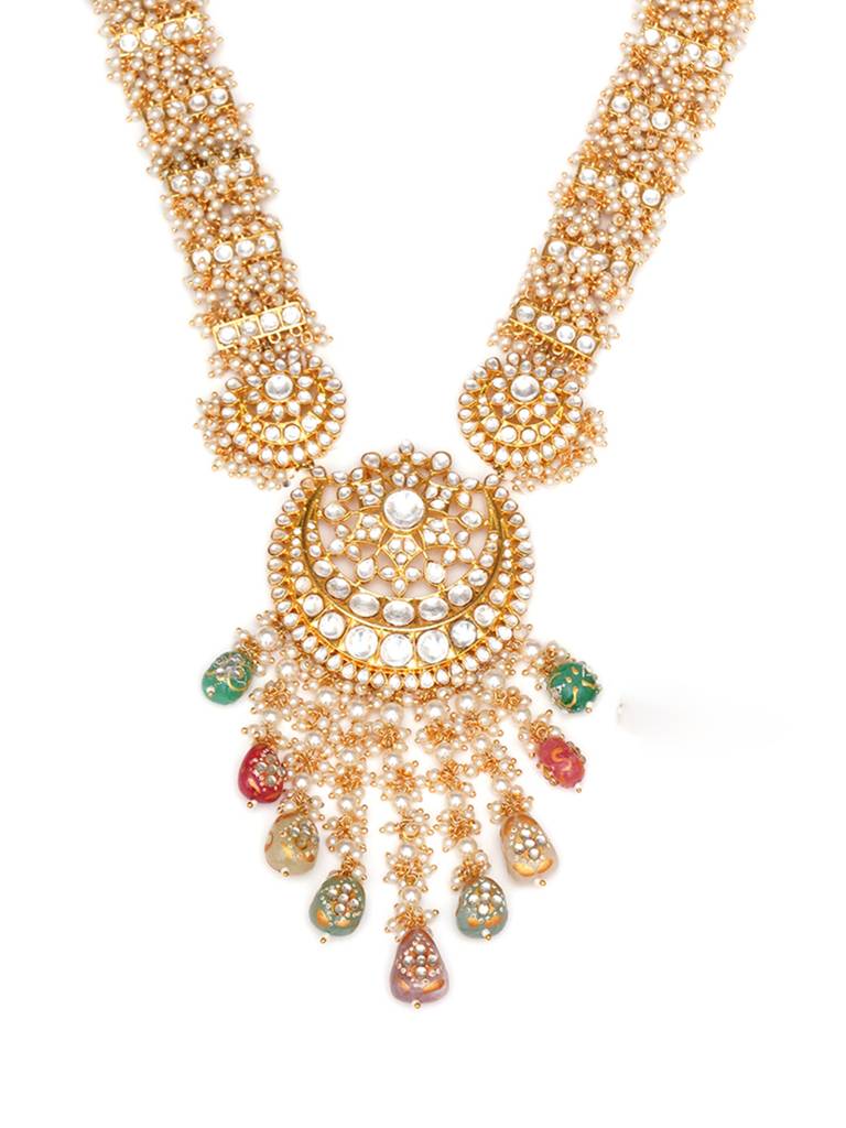 Long Kundan Neckpiece With Earrings & Maang Tikka With Multi Stones : RRA23-6