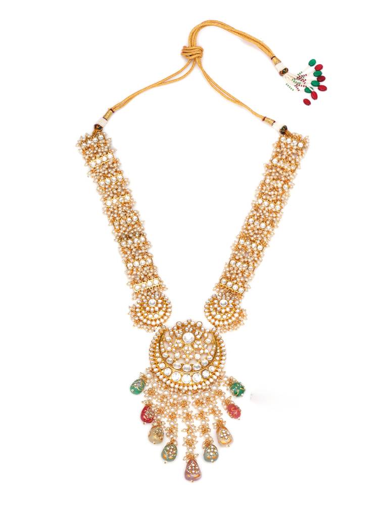 Long Kundan Neckpiece With Earrings & Maang Tikka With Multi Stones : RRA23-6