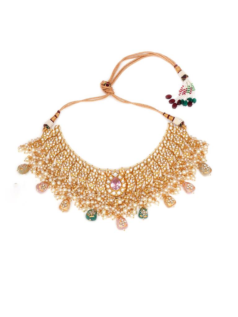 Maharani Kundan Choker With Pink Crystal Centrepiece & Matching Earrings & Maang Tikka : RRA23-8