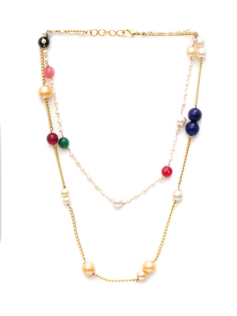 Layered Pearl And Gold Neckpiece With Multi Stones : RRA23-67