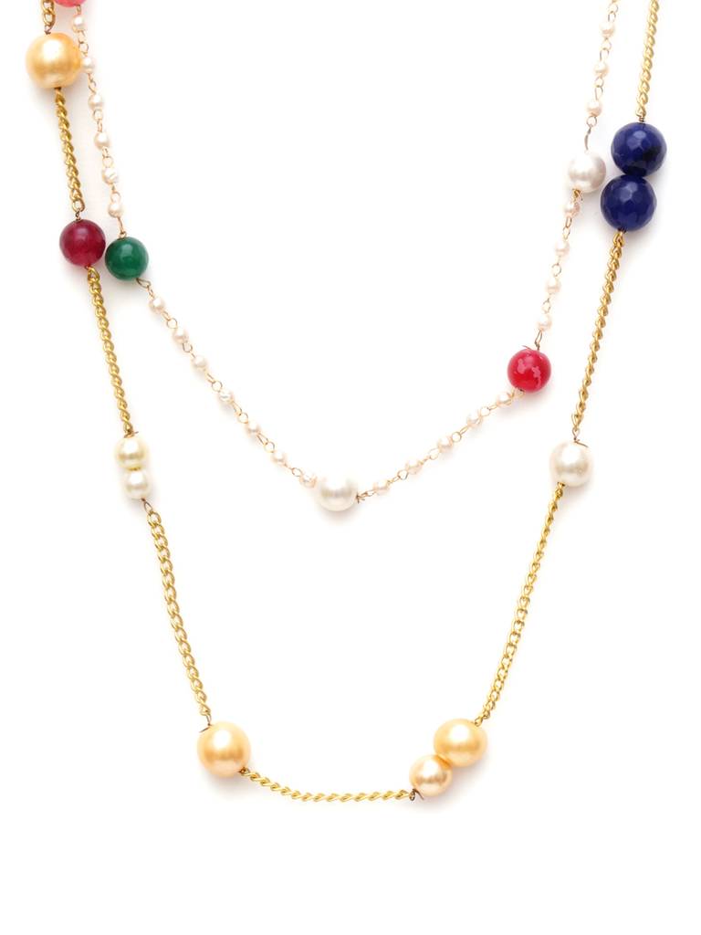 Layered Pearl And Gold Neckpiece With Multi Stones : RRA23-67