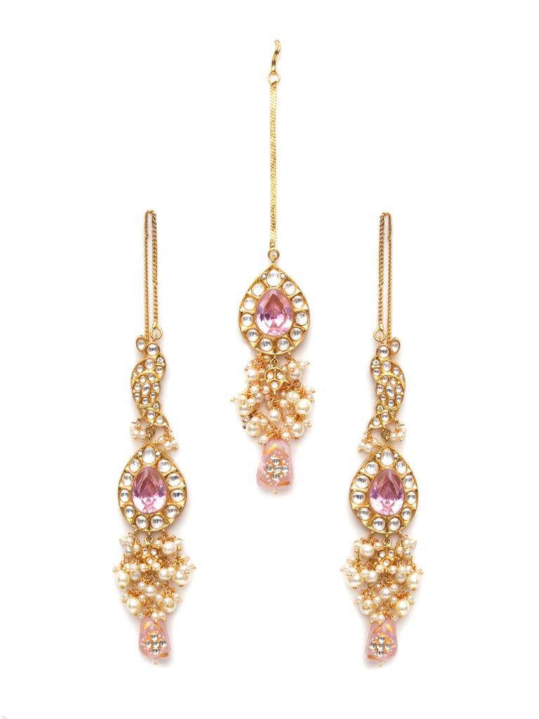 Maharani Kundan Choker With Pink Crystal Centrepiece & Matching Earrings & Maang Tikka : RRA23-8