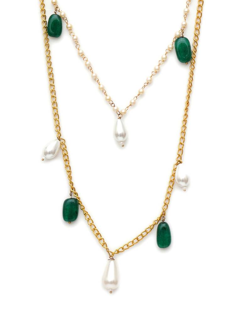 Layered Pearl And Gold Neckpiece With Green Stones : RRA23-60