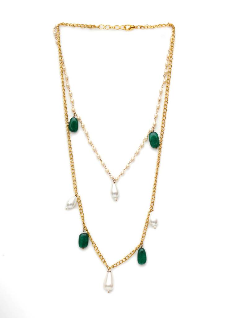 Layered Pearl And Gold Neckpiece With Green Stones : RRA23-60