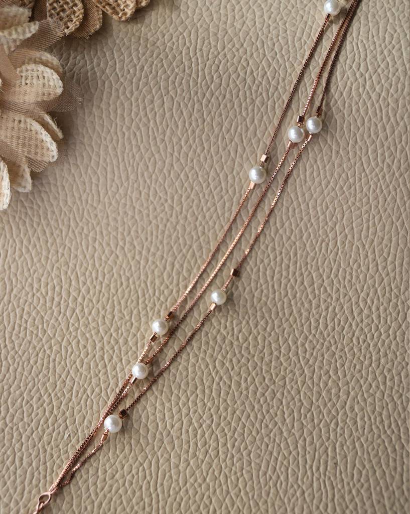 3 Layer Station Pearl Rose Gold Plated Sterling Silver Chain Bracelet : MCRBC274D535