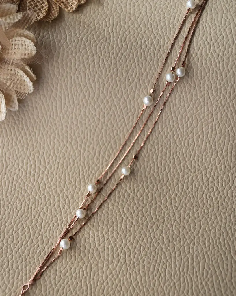 3 Layer Station Pearl Rose Gold Plated Sterling Silver Chain Bracelet