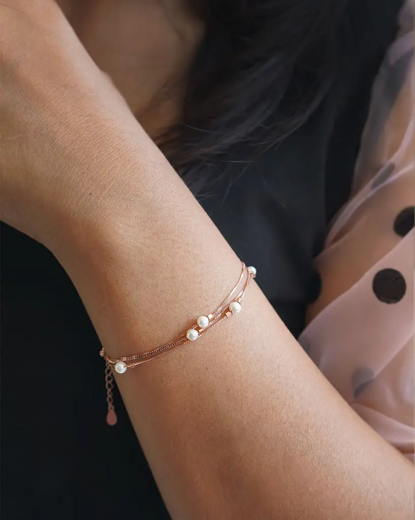 3 Layer Station Pearl Rose Gold Plated Sterling Silver Chain Bracelet