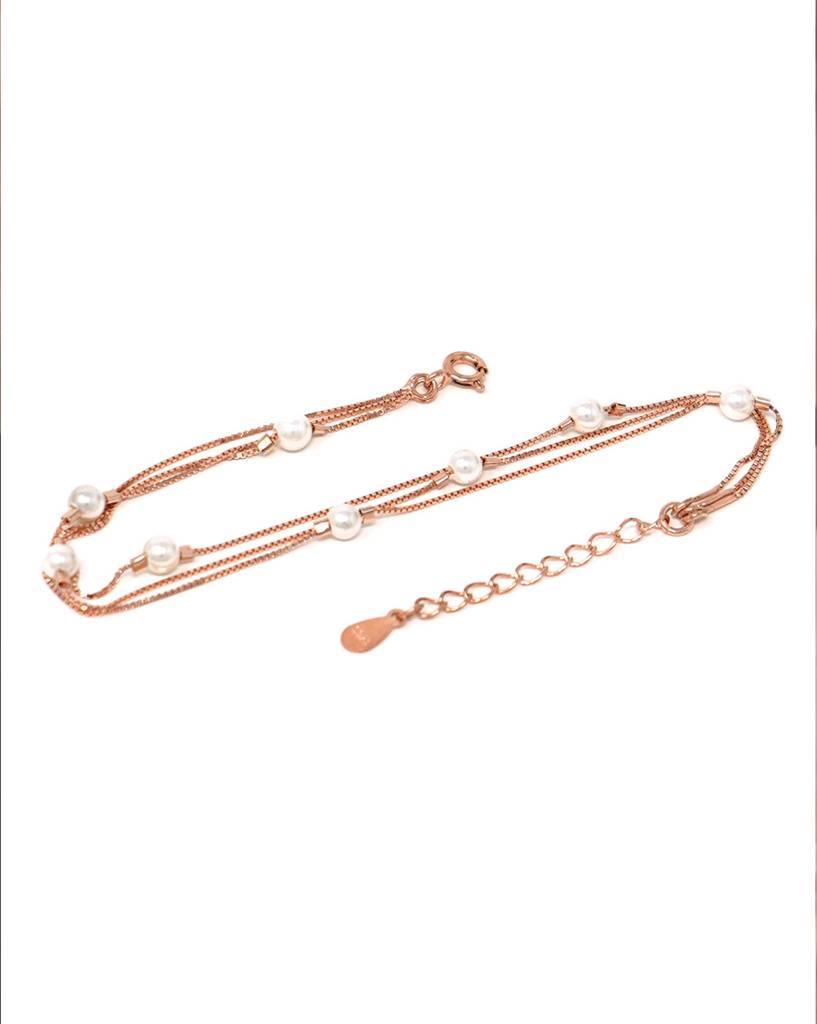 3 Layer Station Pearl Rose Gold Plated Sterling Silver Chain Bracelet : MCRBC274D535