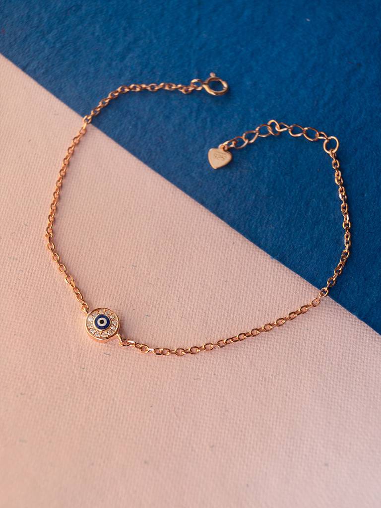 Evil Eye Handpainted Rose Gold Plated Sterling Silver Delicate Chain Bracelet
