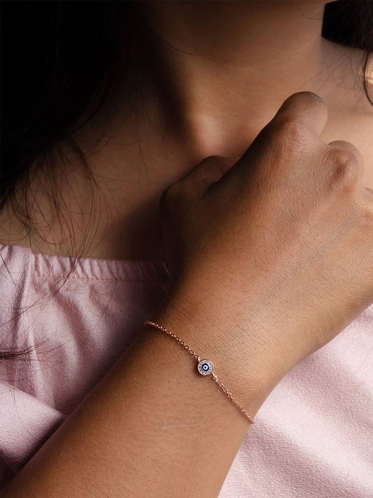 Evil Eye Handpainted Rose Gold Plated Sterling Silver Delicate Chain Bracelet