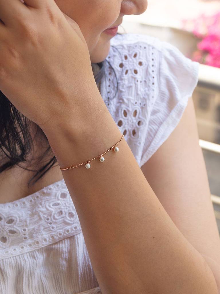 Dangling Pearls Rose Gold Plated Sterling Silver Chain Bracelet