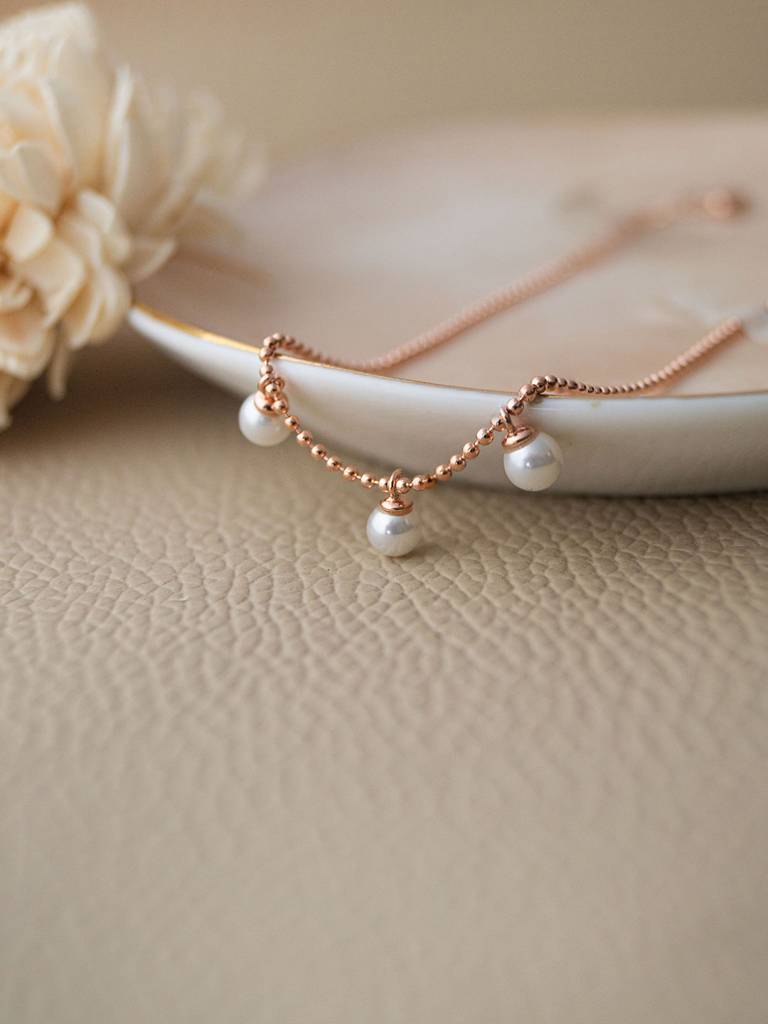 Dangling Pearls Rose Gold Plated Sterling Silver Chain Bracelet