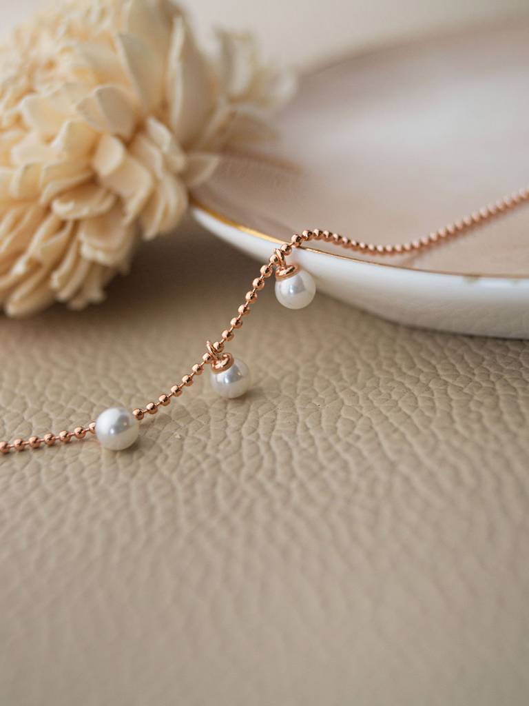 Dangling Pearls Rose Gold Plated Sterling Silver Chain Bracelet