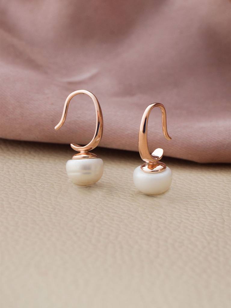 Mannash Pretty Pearl Slip On Rose Gold Plated Sterling Silver Drop Earrings : MCREH788D1844