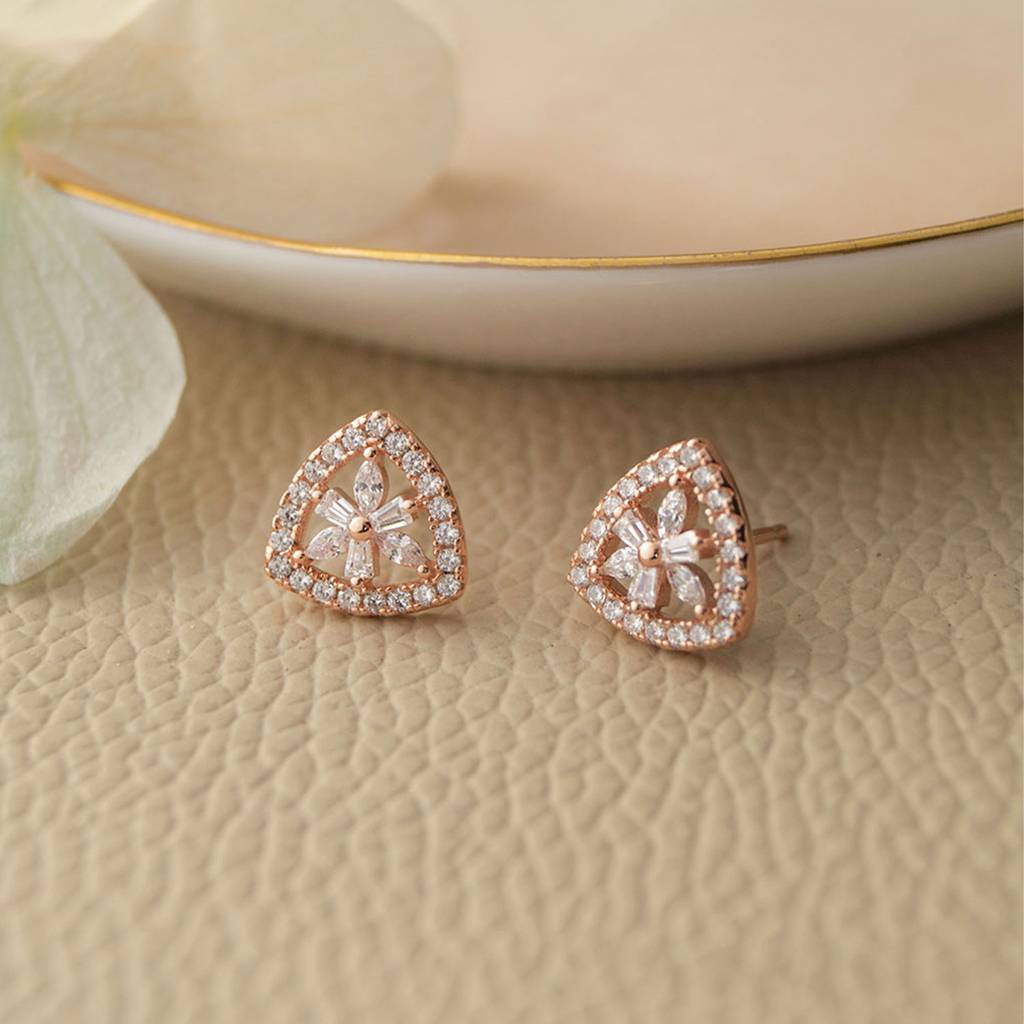 Mannash Triangular Flower Rose Gold Plated Sterling Silver Stud Earrings : MCRES573D1349