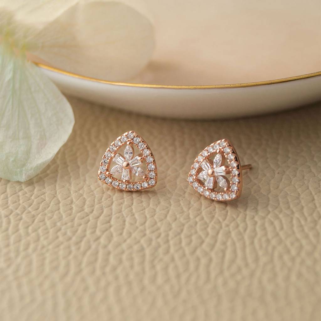 Mannash Triangular Flower Rose Gold Plated Sterling Silver Stud Earrings : MCRES573D1349
