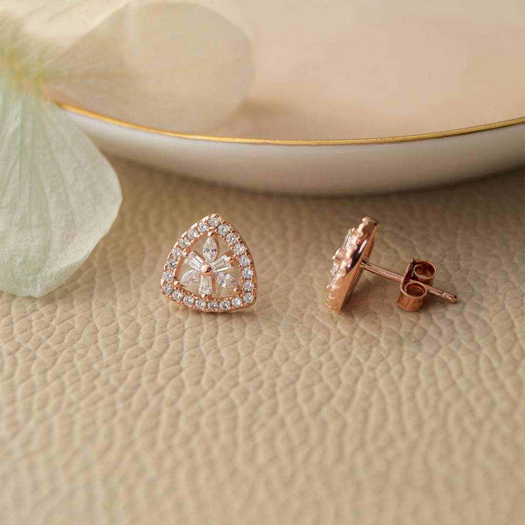 Mannash Triangular Flower Rose Gold Plated Sterling Silver Stud Earrings : MCRES573D1349