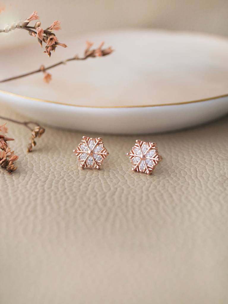 Mannash Snow Flake Rose Gold Plated Sterling Silver Stud Earrings : MCRES574D1354