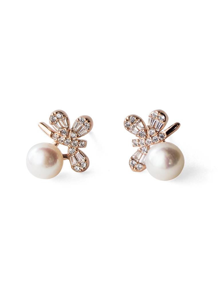 Butterfly On A Pearl Rose Gold Plated Sterling Silver Stud Earrings : MCRES593D1416