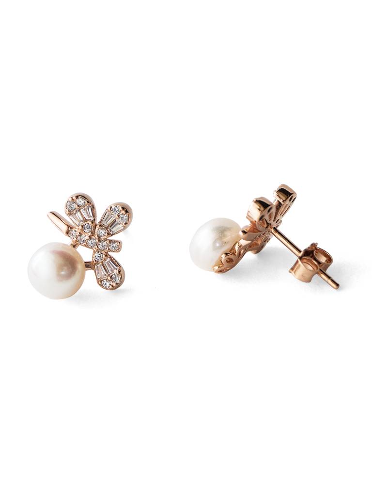 Butterfly On A Pearl Rose Gold Plated Sterling Silver Stud Earrings : MCRES593D1416