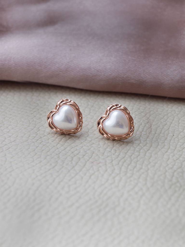 Mannash Heart Pearl Rose Gold Plated Sterling Silver Stud Earrings : MCRES789D1845