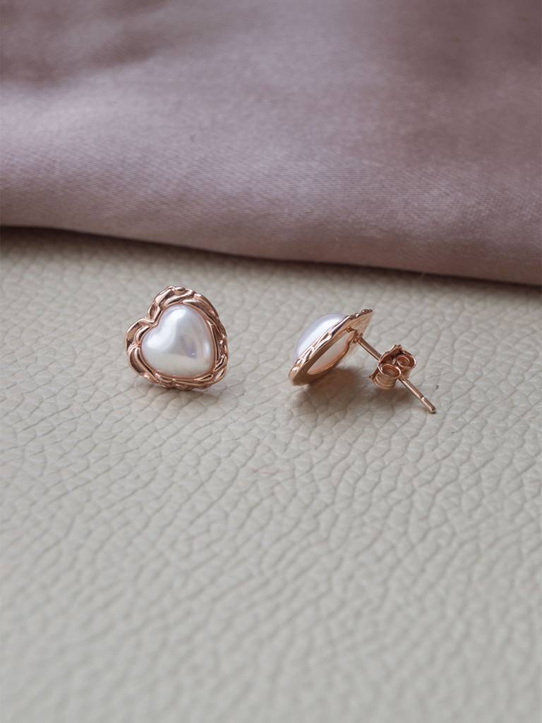 Mannash Heart Pearl Rose Gold Plated Sterling Silver Stud Earrings : MCRES789D1845