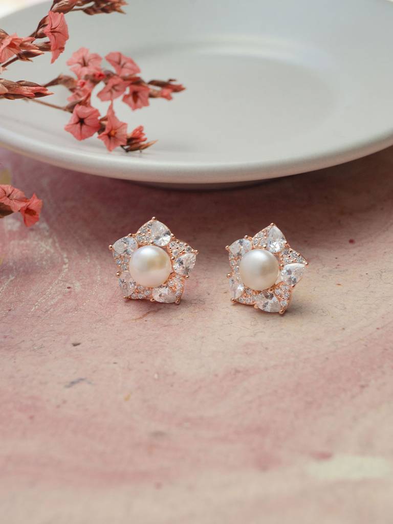 Mannash Blooming Pearl Flower Rose Gold Plated Sterling Silver Stud Earrings : MCRES802D1877