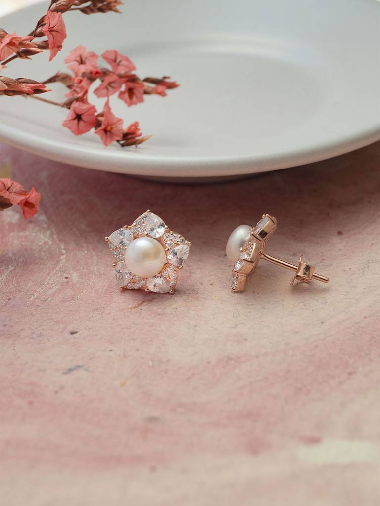 Mannash Blooming Pearl Flower Rose Gold Plated Sterling Silver Stud Earrings : MCRES802D1877