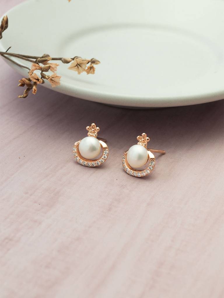 Mannash Peritwingle Pearl Rose Gold Plated Sterling Silver Stud Earrings : MCRES807D1902