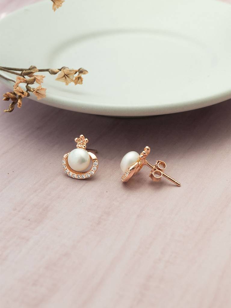 Mannash Peritwingle Pearl Rose Gold Plated Sterling Silver Stud Earrings : MCRES807D1902