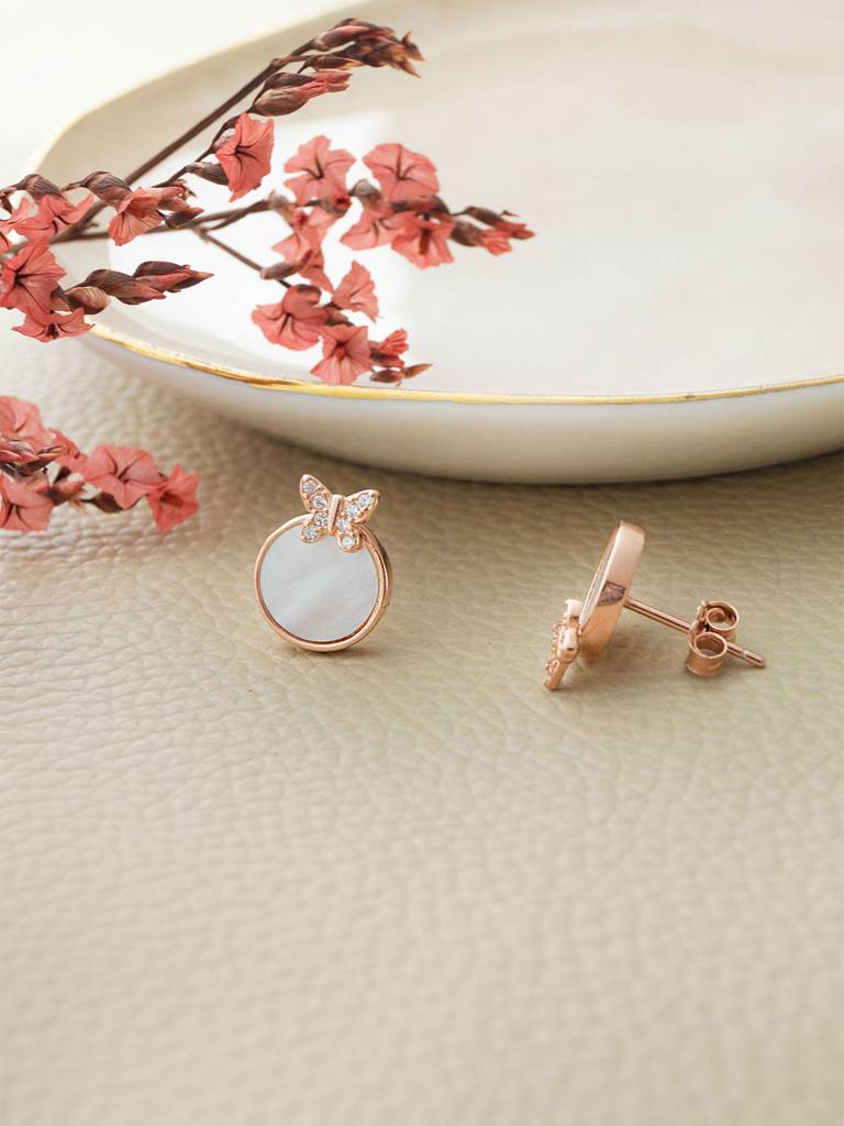 Mannash Butterfly On Mother Of Pearl Rose Gold Plated Sterling Silver Stud Earrings : MCRES851D2060
