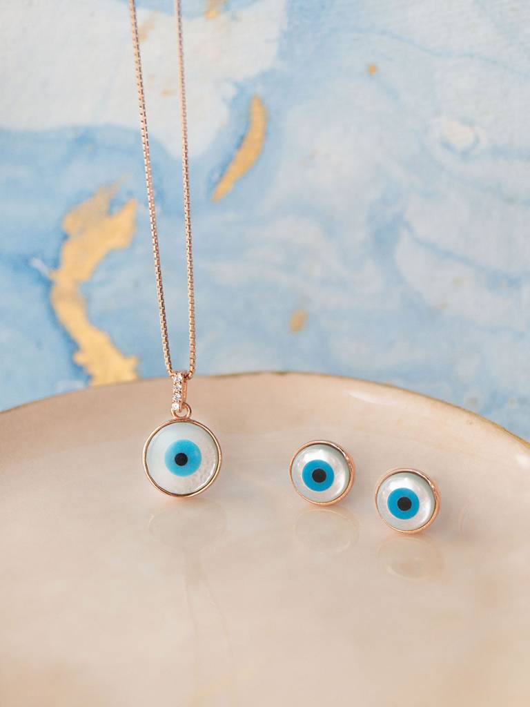 Evergreen Evil Eye Rose Gold Plated Sterling Silver Pendant Set With Chain : MCRJPSC591D1403