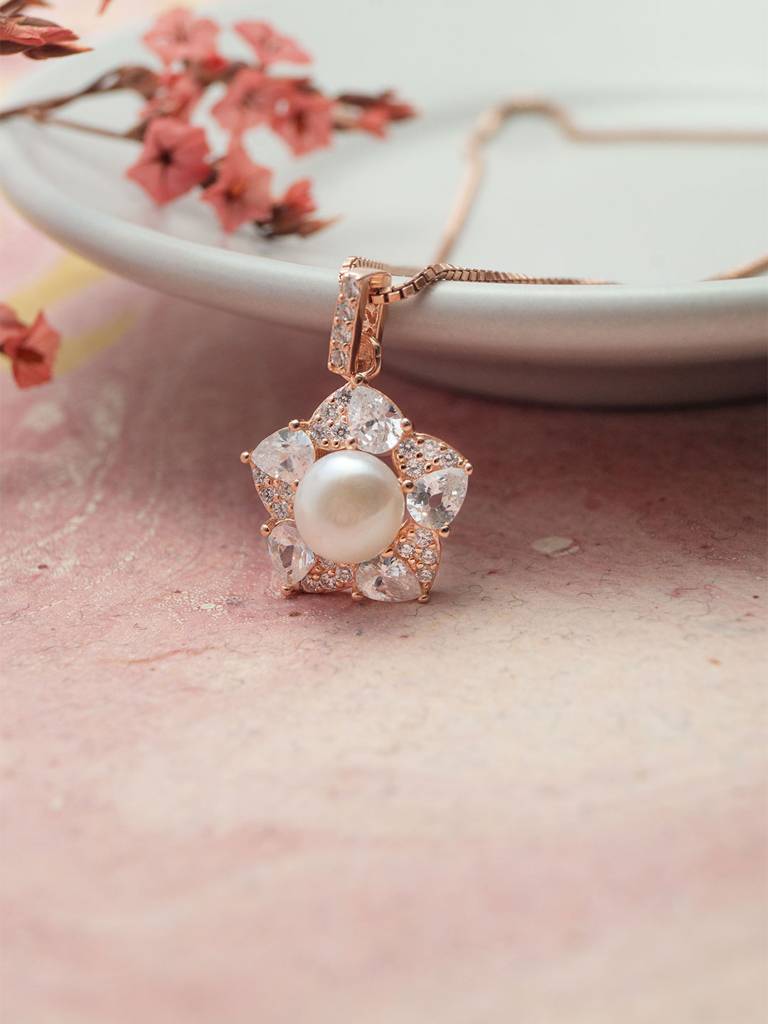 Mannash Blooming Pearl Flower Rose Gold Plated Sterling Silver Pendant Set : MCRJPSC802D1879