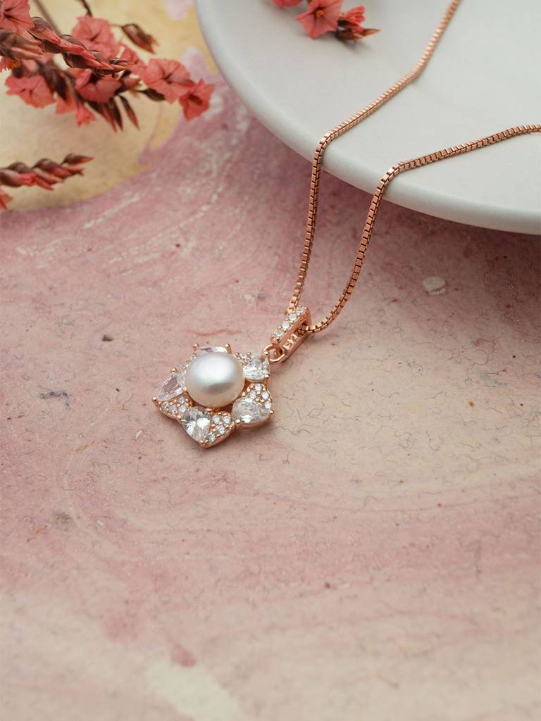 Mannash Blooming Pearl Flower Rose Gold Plated Sterling Silver Pendant Set : MCRJPSC802D1879